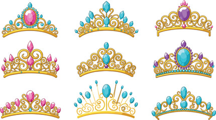 Luxury princess tiara vector collection featuring elegant golden crowns set with brilliant pink crystal amethyst purple and turquoise teal gemstones isolated on white background © MdMoksedul