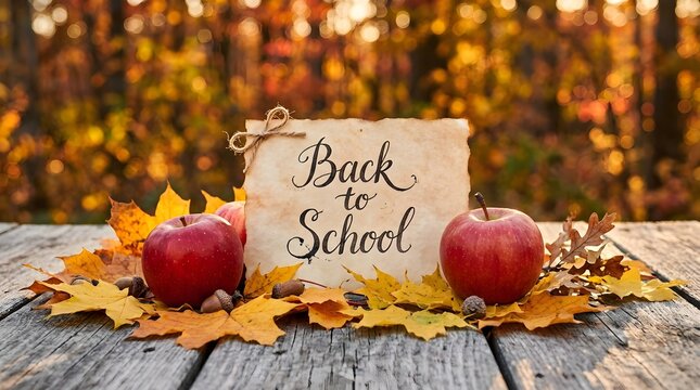 Autumnal back to school composition with apples acorns and calligraphy tag on wooden surface