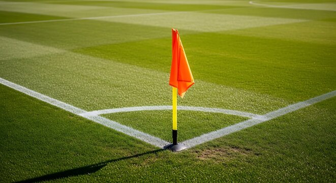 Close up of an orange corner flag on a soccer field with football, athletic
