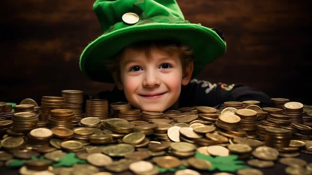 portrait little smiling caucasian boy in hat of leprechaun for irish St. Patrick's Day on green studio background. Copyspace. Kid boy wearing green hat with a lot of coins. Patricks day celebrations.