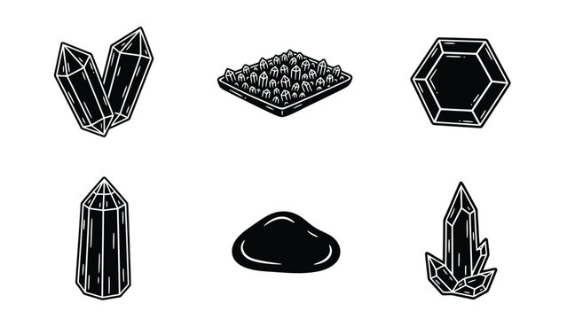 Collection of six different black and white illustrations of crystals and gemstones.