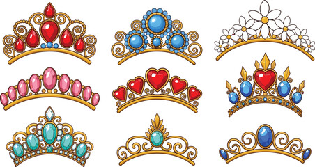 Luxury princess tiara vector collection featuring elegant golden crowns set with brilliant ruby red pink sapphire blue and teal turquoise gemstones isolated on white background © MdMoksedul