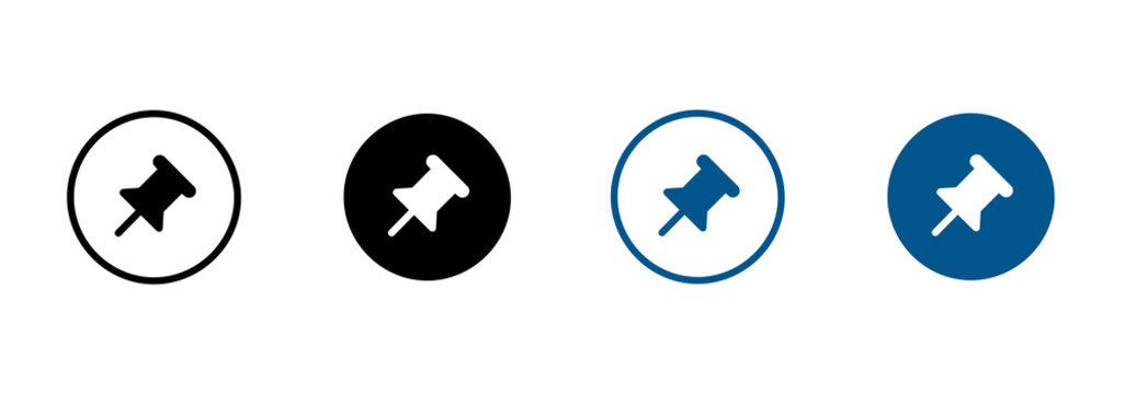 Pinned item icon set. Pin symbols for saved notes, persistent messages, important content, bookmarks, and interface design.