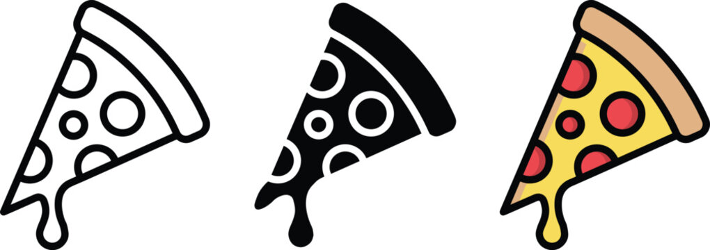 Pizza slice icon set in outline, silhouette, and colorful styles for food graphics and menus