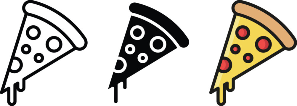 Pizza slice icon set in outline, silhouette, and colorful styles for food branding and menus
