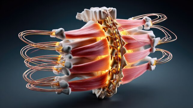 Anatomical Artistry: A dynamic, artistic representation of the human rib cage, showcasing the intricate details of the intercostal muscles, spine, and connective tissues.