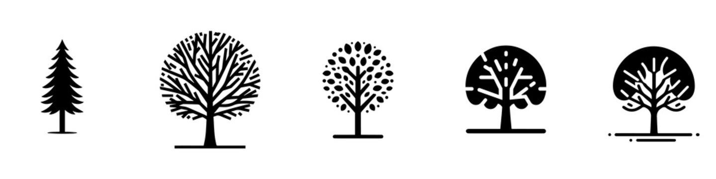 Tree silhouette vector collection, minimalist tree icons with pine and deciduous trees, black nature logo illustration set