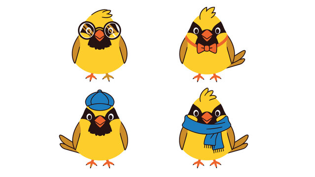 Four cute cartoon yellow birds wearing different accessories like glasses, bow tie, cap, and scarf.