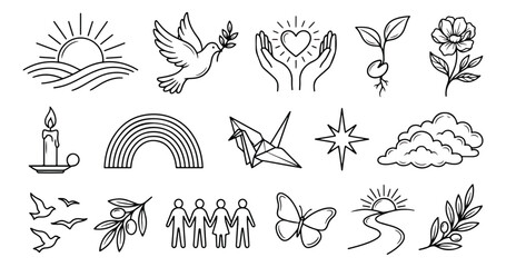 Peace and hope line icons set, 16 vector symbols of harmony and unity, minimalist black outline illustrations for charity and wellness © Ali
