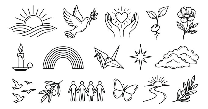 Peace and hope line icons set, 16 vector symbols of harmony and unity, minimalist black outline illustrations for charity and wellness