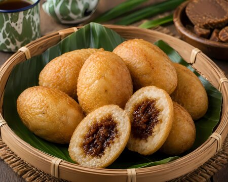 Traditional Indonesian Misro Sweet Cassava Snack with Palm Sugar Filling