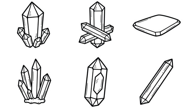 Collection of six hand-drawn illustrations of various crystals and gemstones in a simple line art style.