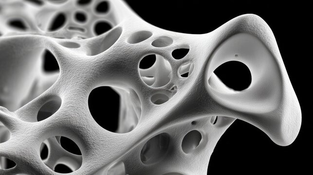Abstract Structure: A 3D rendering of a white, porous, abstract structure against a black background, resembling bone tissue or organic cellular formation, evoking scientific and artistic intrigue.