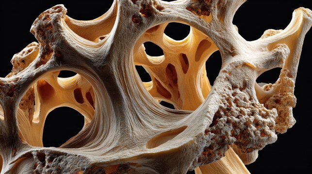 Osteoporosis Microscopic View: A close-up, abstract view of bone tissue affected by osteoporosis, revealing porous and weakened bone structure at a cellular level.