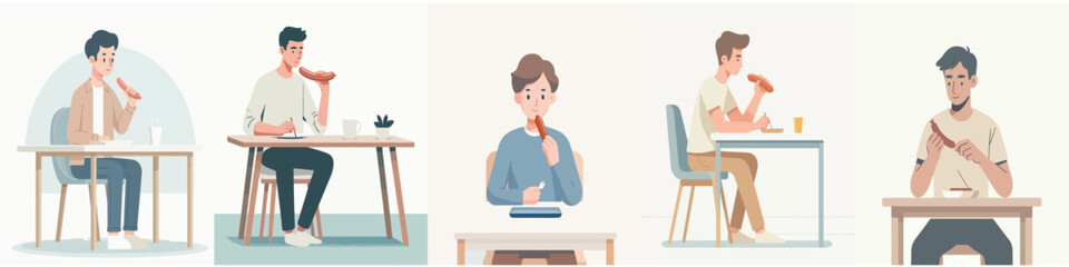 Fototapeta premium Young man eating sausage vector illustration collection, male character enjoying hot dog and snack meal in flat cartoon style