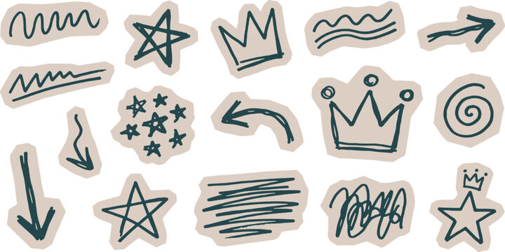 A collection of hand-drawn doodle elements including stars, crowns, arrows, and scribbles on a light background.