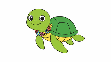 Naklejka premium Adorable Cartoon Sea Turtle Wearing a Colorful Flower Lei, Flat Design Illustration with Simple Shapes and Bold Outlines, Isolated on White Background