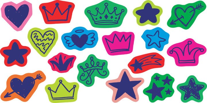 A vibrant collection of hand-drawn stickers featuring hearts, crowns, stars, and a jester's hat in bright, contrasting colors.