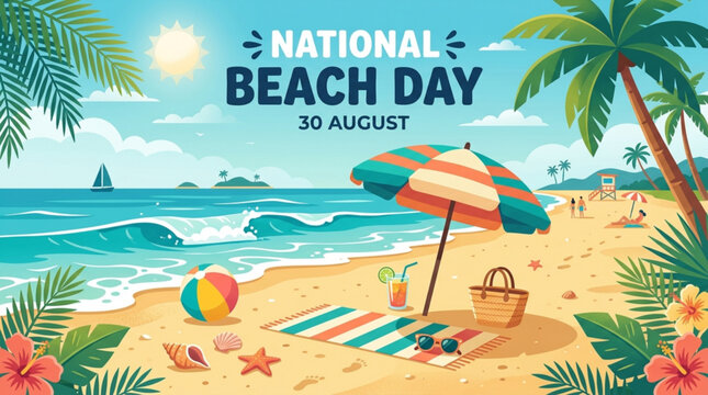National beach day 30 august celebration vector illustration with tropical scenery palm trees ocean waves with scene celebrating national 30th tropical elements