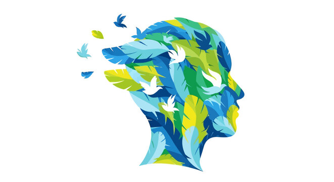 Colorful illustration of a human head made of leaves and birds flying out