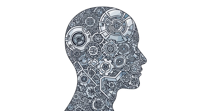 Mechanical head profile with gears and cogs inside brain