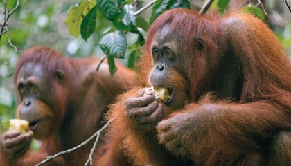 Close up of Orangutans or pongo pygmaeus is a subspecies of Sumatra eating fruit, Sumatra, Indonesia.  © pinan