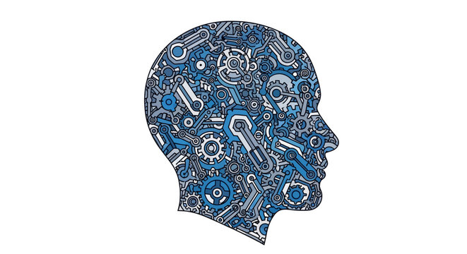 Blue robotic head illustration with gears and cogs machinery