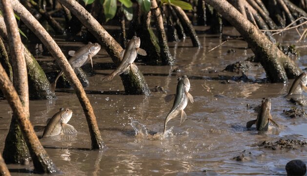 A group of Mudskipper fish (Boleophthalmus boddarti) crawling and jumping when the water level up in the mangrove forest, Parit Java, Muar, Malaysia.
