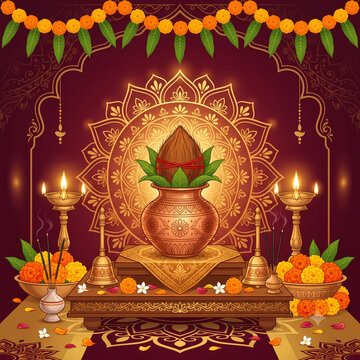 Traditional Hindu Kalash Puja for Ashadh Gupt Navratri with Diya and Mandala Background
