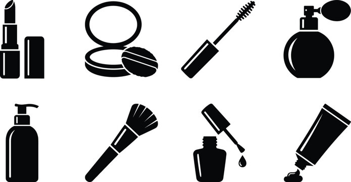 Cosmetic makeup and beauty product icon set with lipstick compact powder mascara perfume brush lotion cream