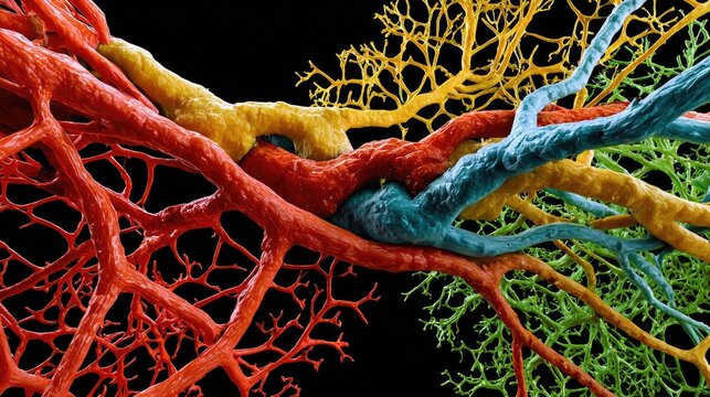 Vibrant Network: A close-up, abstract view of a colorful, branching network resembling capillaries or a neural system, rendered in vivid red, yellow, blue, and green against a dark background.