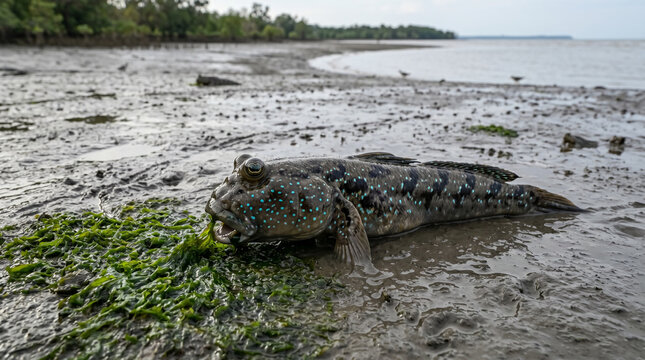 Giant mudskipper, blue spotted mudskipper or amphibious fish (Periophthalmodon schlosseri) grazing algae on the muddy plains at Parit Java, Muar, Malaysia
