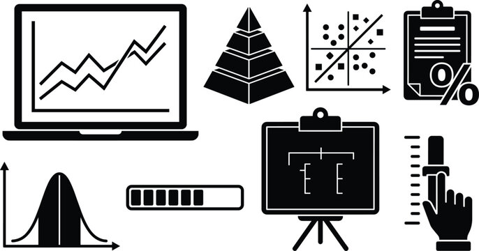 Data analysis and marketing statistics infographic icon set with laptop chart pyramid scatter plot slider clipboard