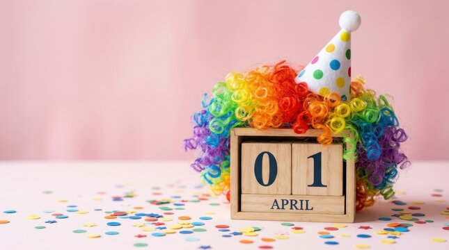Cheerful wooden block calendar displaying first of April wearing a colorful rainbow clown wig and party hat on pink background with confetti to celebrate April Fools Day with fun and humorous vibes!!!