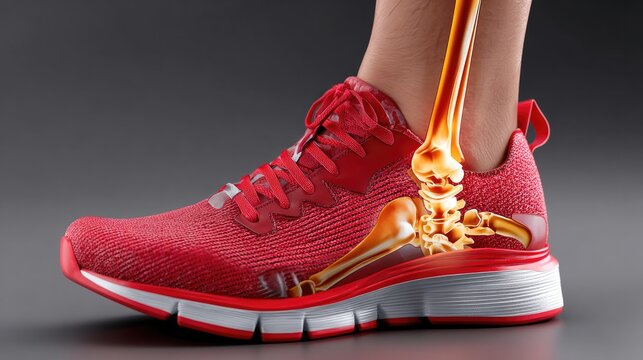 Anatomy of a Running Shoe: A red running shoe is depicted with a transparent overlay showcasing the ankle bone and tibia, highlighting the shoe's structure and support for athletic performance.