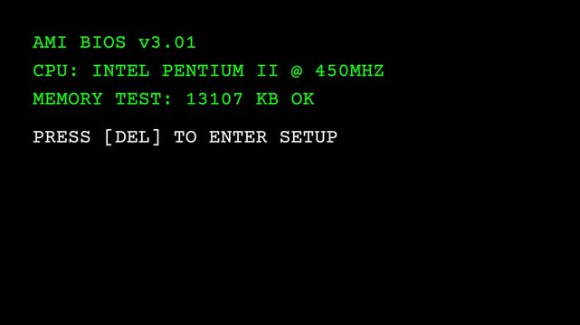 Computer booting sequence, detailed BIOS screen with Intel Pentium II processor information and memory test progress, seamless loop, symbolizing system startup and technology.