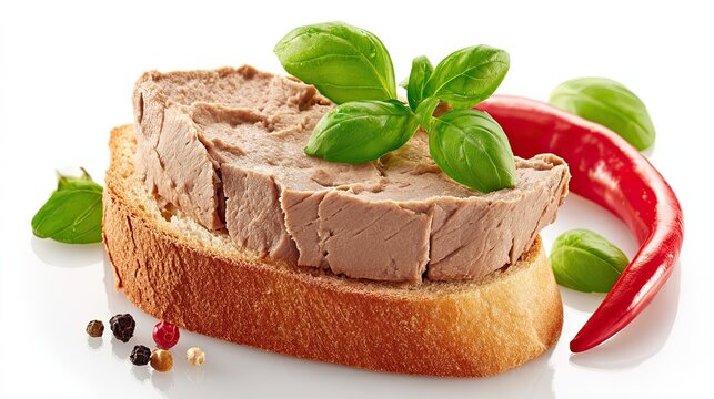 Slice of whole grain bread with meat pate spread, garnished with fresh basil leaves, appetizer food closeup on white background