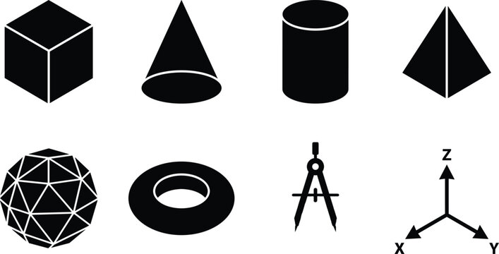 Geometric 3D shapes and mathematics icon set with cube cone cylinder pyramid sphere torus compass and axis