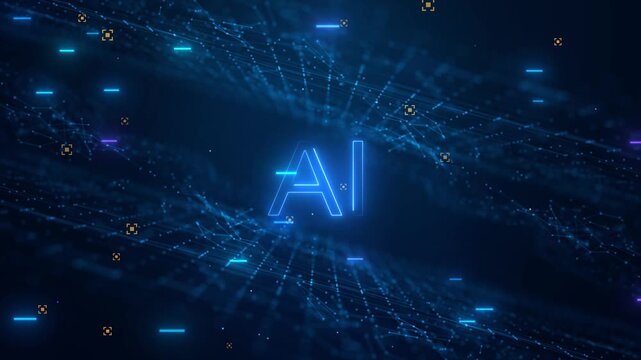 abstract futuristic artificial intelligence technology background with glowing neon ai text and digital neural network tunnel.
