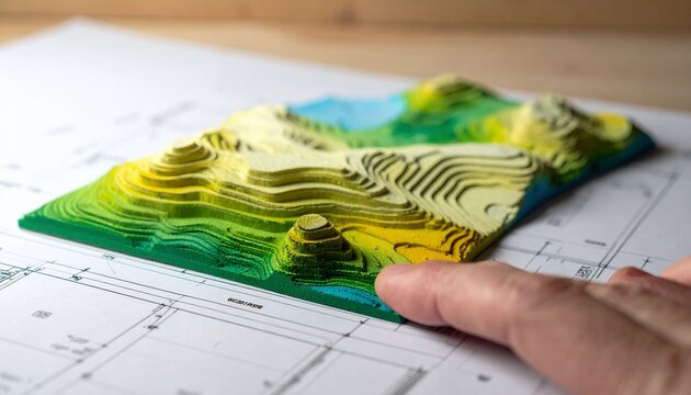 A hand touches a colorful 3D topographic map model on a technical drawing paper on a wooden desk.