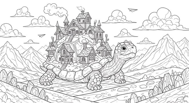 Whimsical line art illustration of a giant turtle carrying a village on its