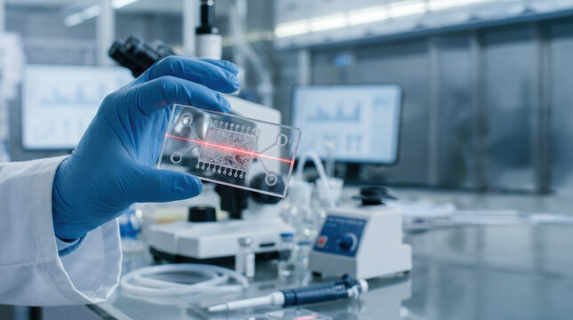 Medical microfluidic chip held by gloved hand in laboratory with microscope and devices