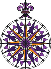 Decorative purple and orange compass rose illustration with a fleur de lis symbol. © Galwis
