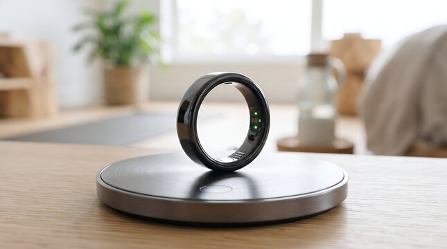 Modern Smart Ring Tracking Device Charging on Wireless Base Station close up