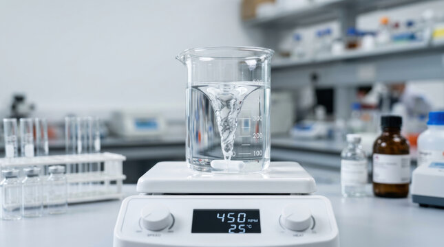 Medical beaker with vortex mixing clear liquid on magnetic stirrer in laboratory setting