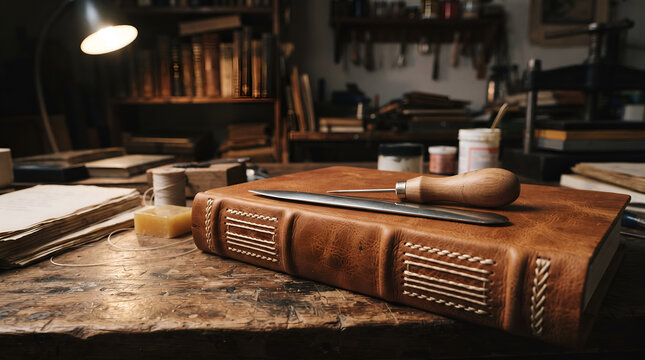 Vintage Bookbinding Workshop with Leather Bound Book and Crafting Tools