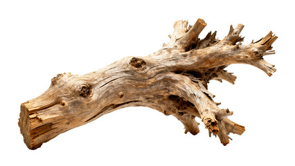 Fototapeta premium Weathered Driftwood Log With Intricate Gnarled Texture Isolated on a Crisp White Background for Natural Decoration