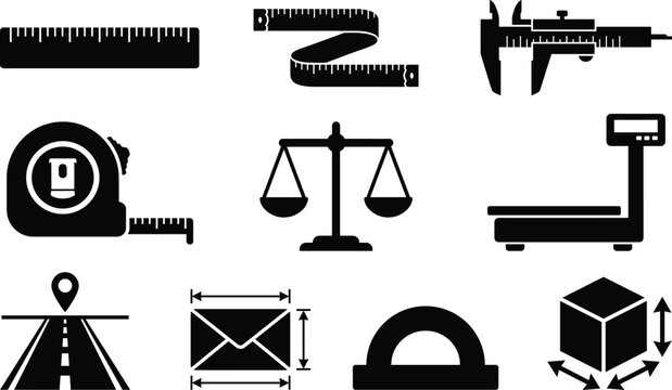 Measurement tools and scales icon set with ruler caliper tape weight protractor dimension and distance vectors