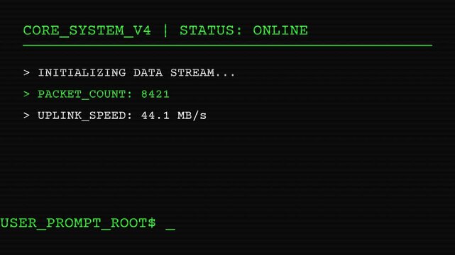 Computer system, initializing data stream with packet count and uplink speed on screen, symbolizing data transfer and online connectivity