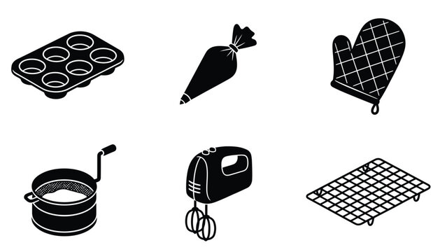 Collection of baking tools and equipment, including a muffin tin, piping bag, oven mitt, sieve, electric mixer, and cooling rack, presented in a clean, graphic style.